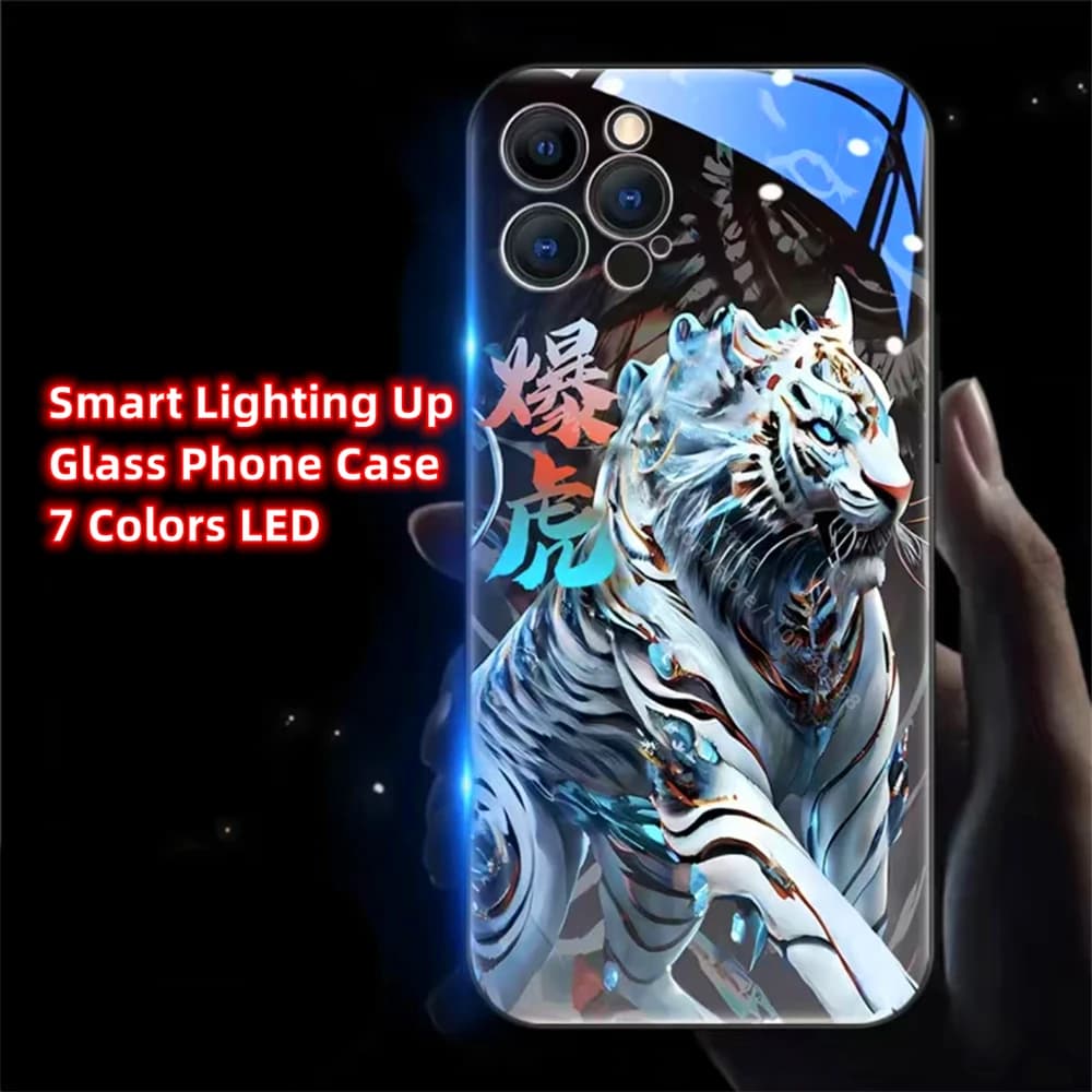 Brave White Tiger Smart LED Light Glow Tempered Glass Phone Case For Samsung S25 S24 S23 S22 S21 S20 FE Note 10 20 Plus Ultra