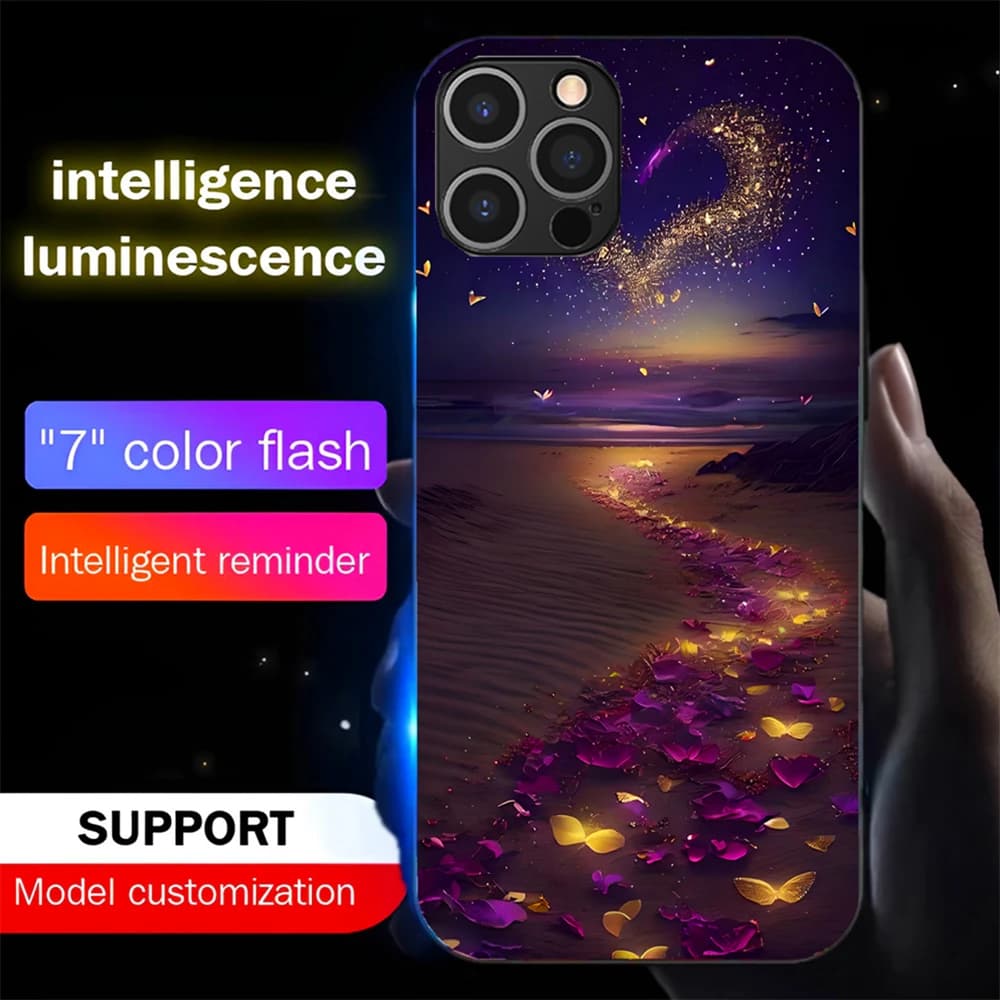 Flower Heart Beach Luminous Phone Case LED Light Glass Shockproof Cover For iPhone Air 17 16 E 15 14 13 12 11 Pro Max X XS XR