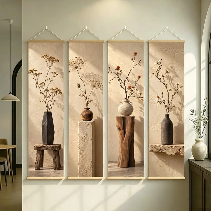 Wall Art Dried Feverfew and Dried Safflower, Wabi-Sabi Silver Shimmer Canvas Hanging Scroll for Zen Sanctuary Home Decor