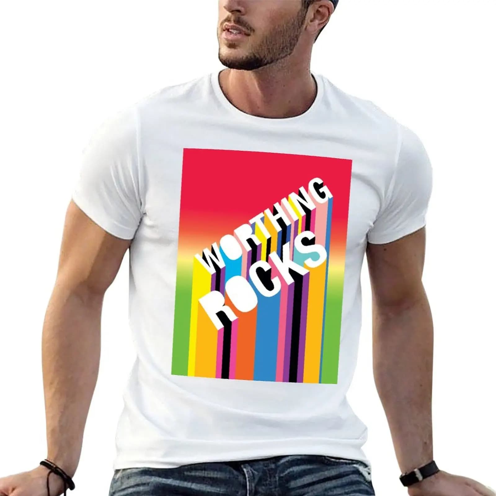 Worthing Rocks Red Rainbow by Russ Iden Art T-Shirt cotton graphic tees kawaii clothes Men's clothing