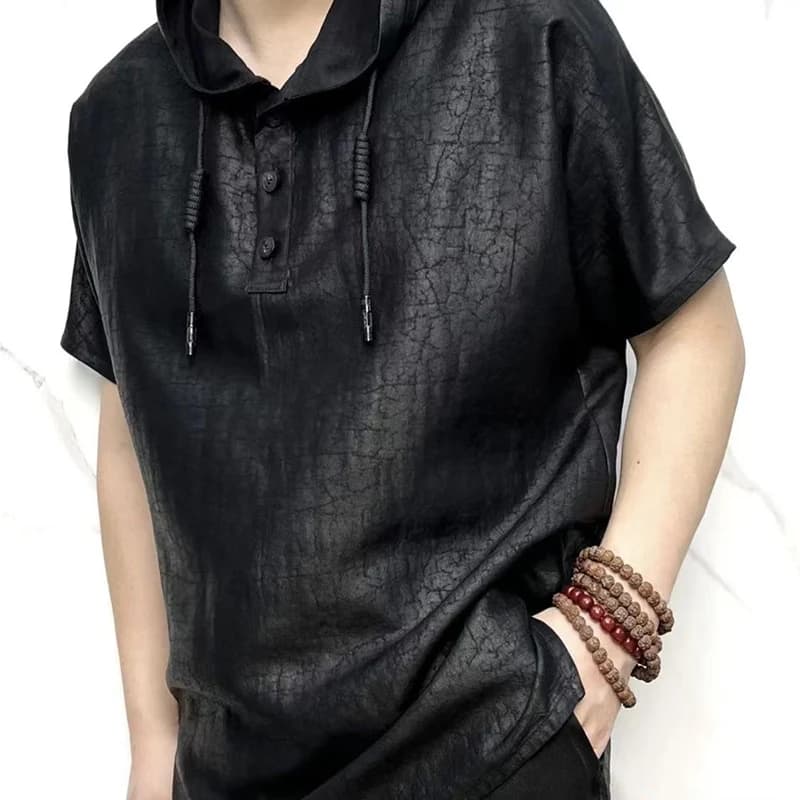 Fashion Solid Color Button Casual Short Sleeve Hooded T-Shirts Men's Clothing Summer Loose Korean Tops All-match Tee Shirt