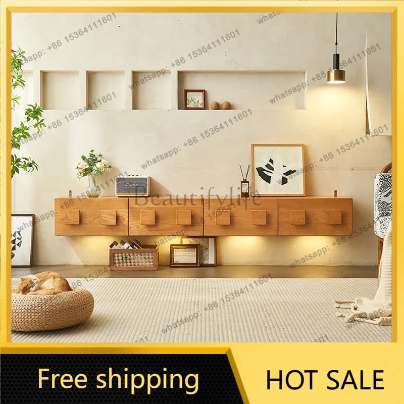 FG solid wood TV cabinet wall-mounted living room, log wind suspension storage integrated TV cabinet