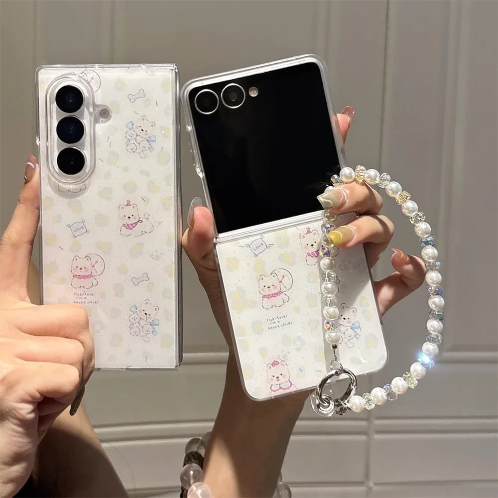 Kawaii Fresh Cartoon Animal Puppy Print Glitter Phone Case for Samsung Galaxy Z Fold 7 Bead Wrist Strap Cover for Z Flip 7-3