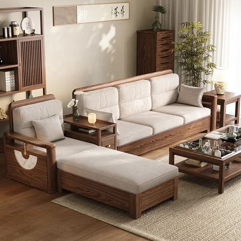 #Premium Solid Wood Linen Fabric New Chinese Style L-Shaped Chaise Sectional Sofa 3 Seater with Pillows Modern Living Room