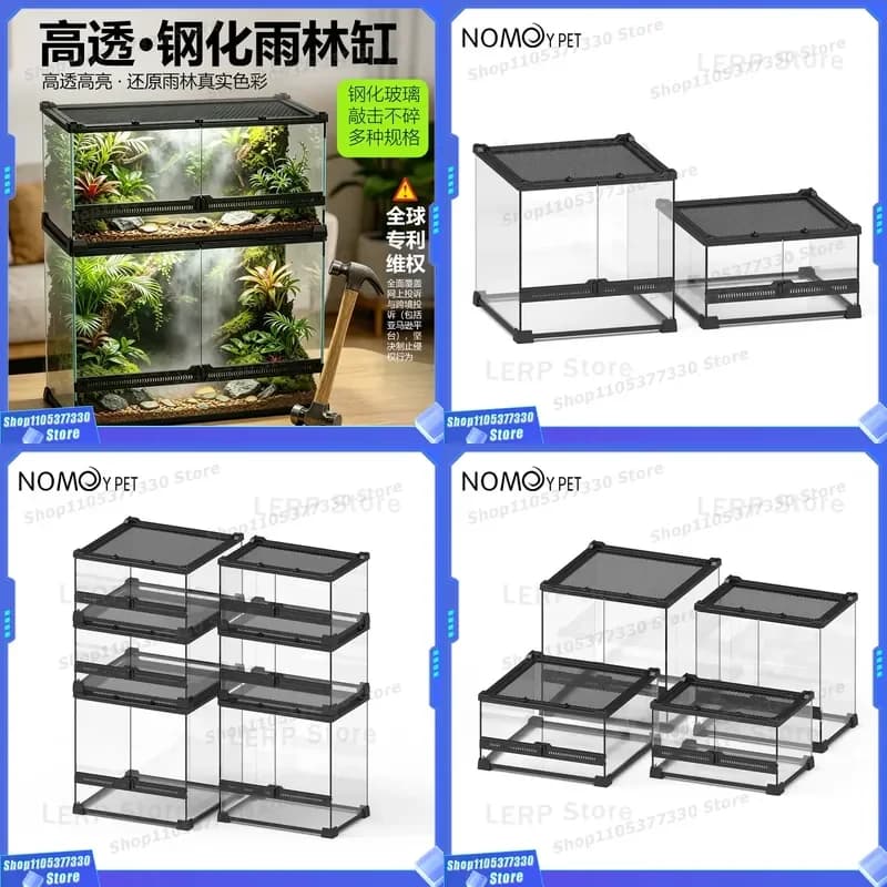 Double Door Tempered Glass Terrarium for Horned Frog Lizard Crab Ecological Rainforest Tank Box with Eyelash Horn Climbing