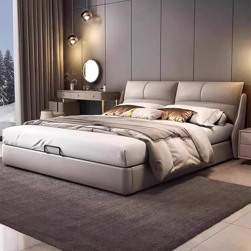 Beige Decoration Double Bed European Design Modern Wooden Double Bed Storage Luxury Cama Matrimonials Furniture For Home