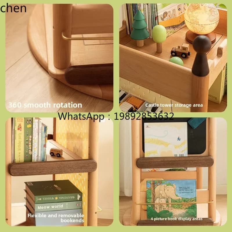 Rotating Bookshelf Bookcase Solid Wood Floor-standing Toy Storage Cabinet Large Capacity Storage Rack