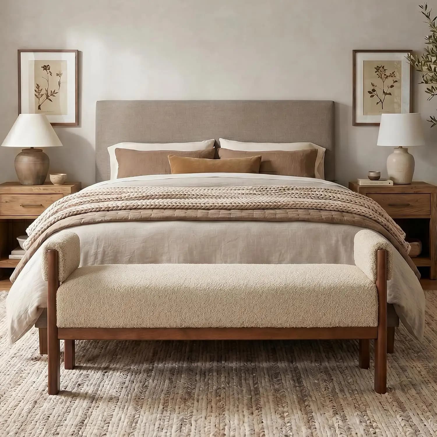 51.8”End of Bed Bench Upholstered Bedroom Bench with Arms, Brown