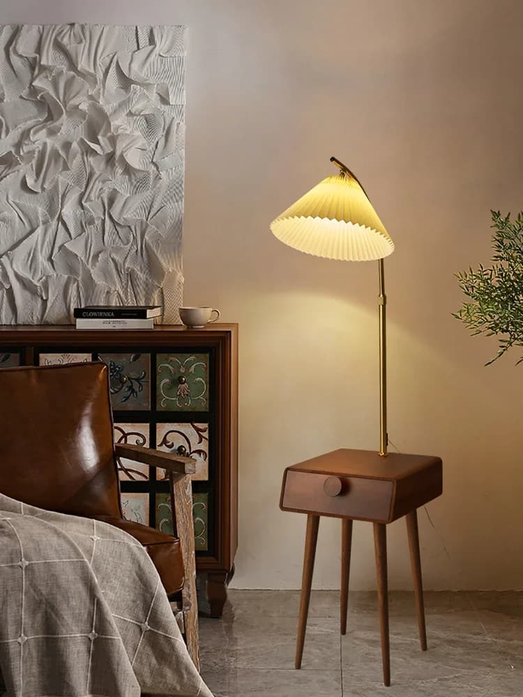 Floor lamp, shelf next to the sofa in the living room, coffee table lamp