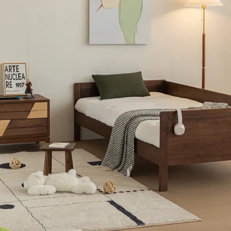 Solid wood bed, North American black walnut log modern minimalist single bed with guardrail