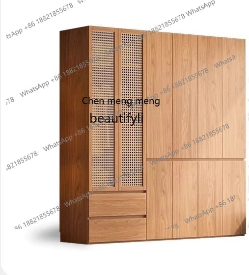 Solid Wood Rattan Wardrobe for Home Bedroom Rental Use Pine Wood No-Installation Natural Wood Wardrobe