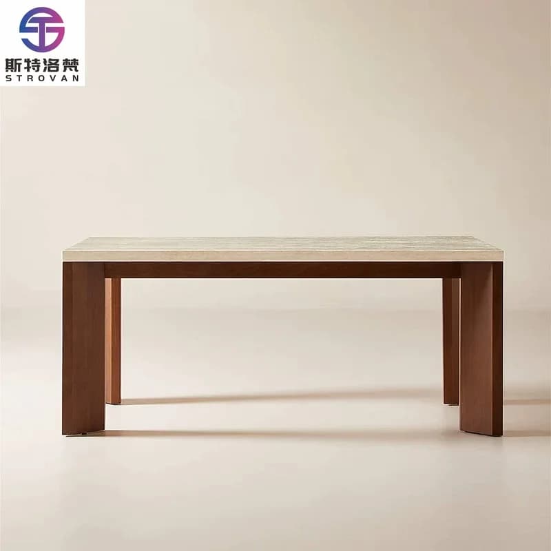 Direct Home Furniture Solid Wood Dining Table Travertine Top Rectangle Table for Kitchen Restaurant Dining Room