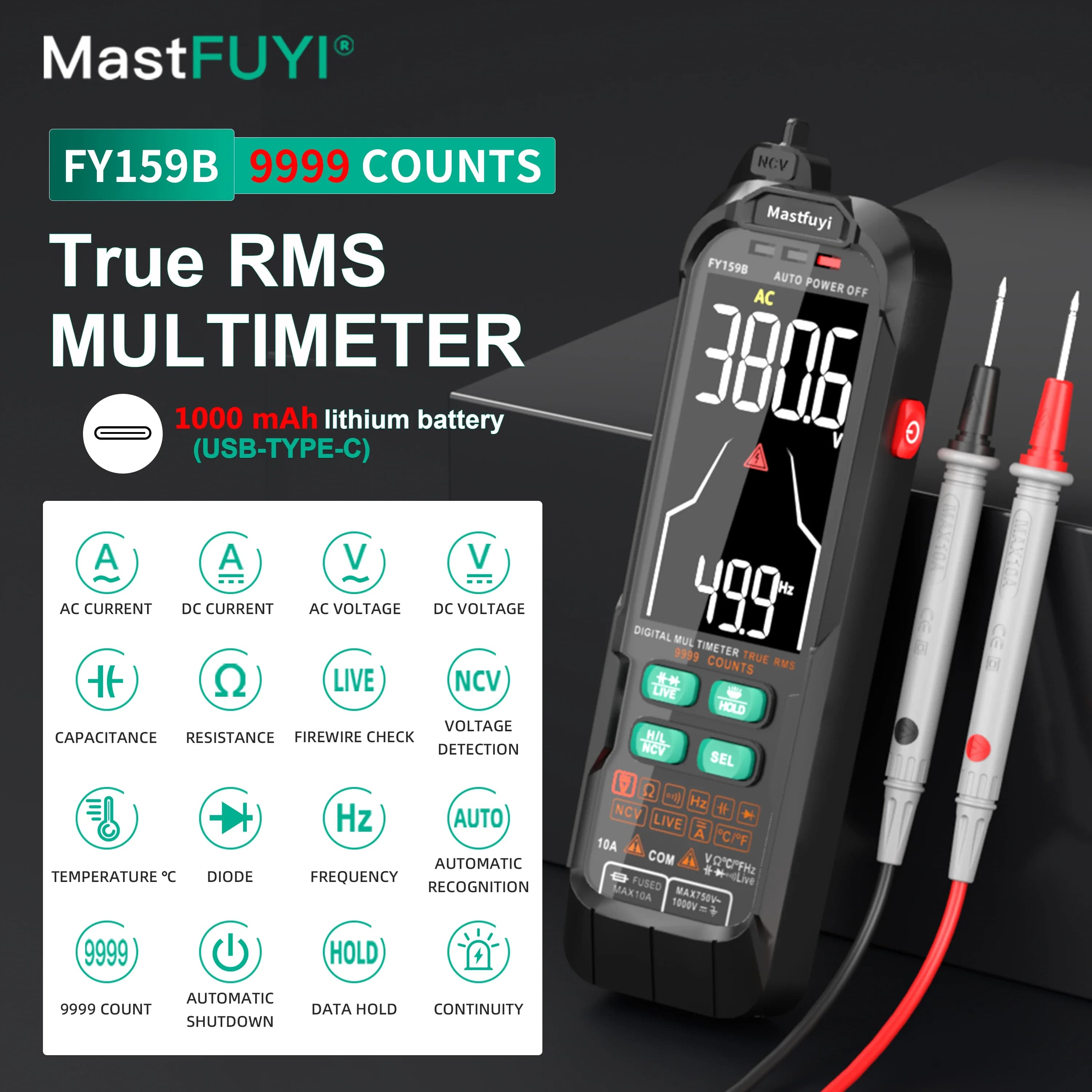 MASTFUYI Auto-Ranging 9999 Counts Digital Multimeter with NCV, True RMS & Breakpoint Finder, Temperature, USB Recharge & Safety
