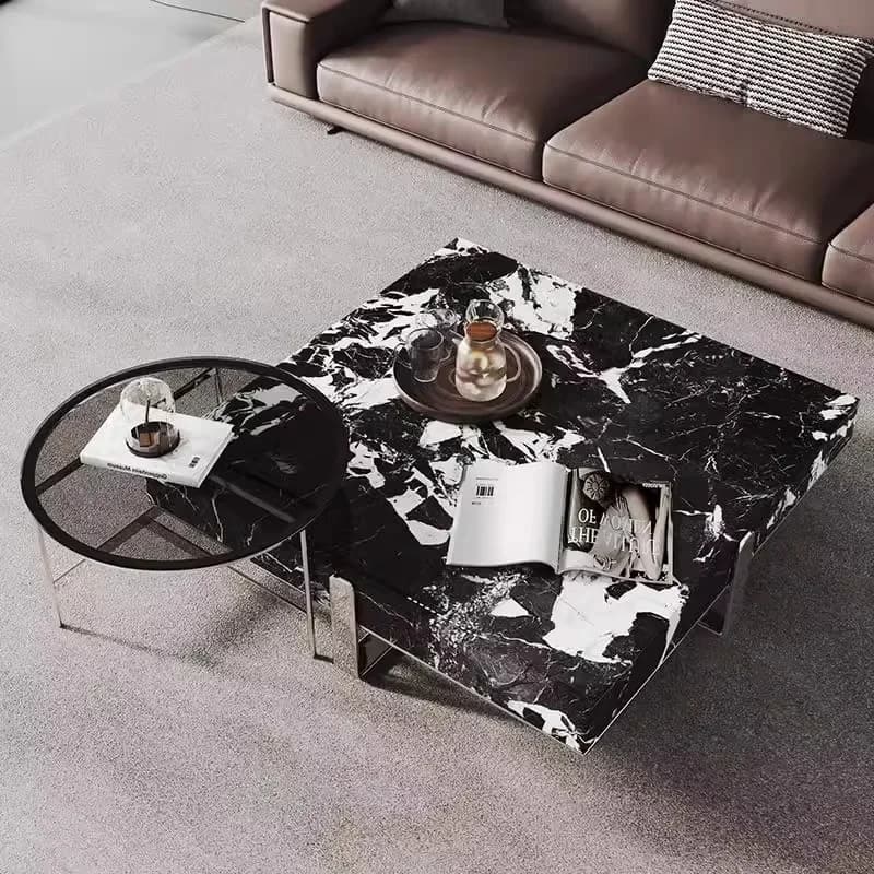 //+For Italian Minimalist Square Coffee Table, Black White Stone Top, Heat-Resistant & Easy Clean, Sturdy Compact Designer Set