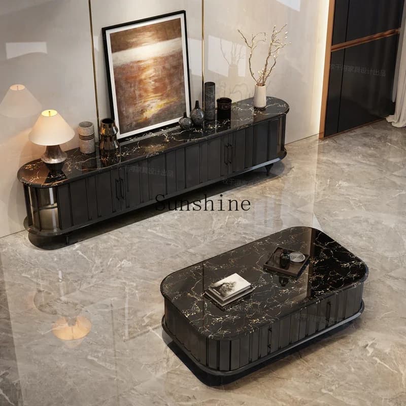 French retro TV cabinet coffee table combination living room marble floor cabinet with sensor light  FT