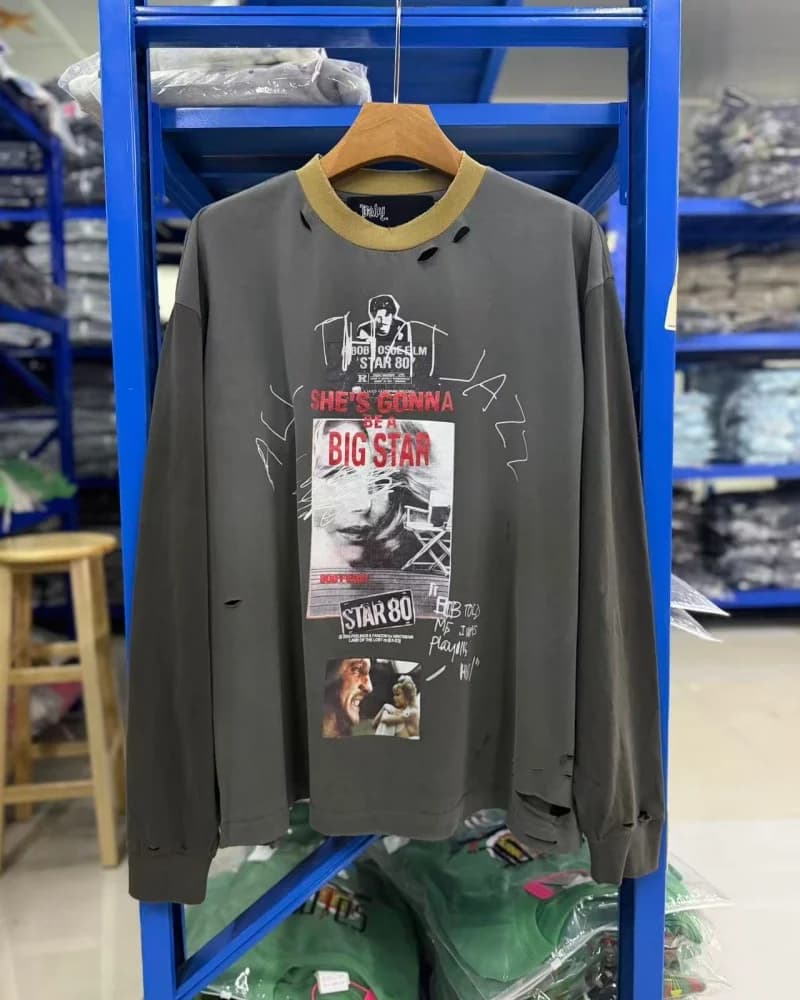 26SS High Street Retro Gray Printed Color-Blocked High-Quality Paly All That Jazz Star 80's Washed Oversized Long-Sleeve T-Shirt
