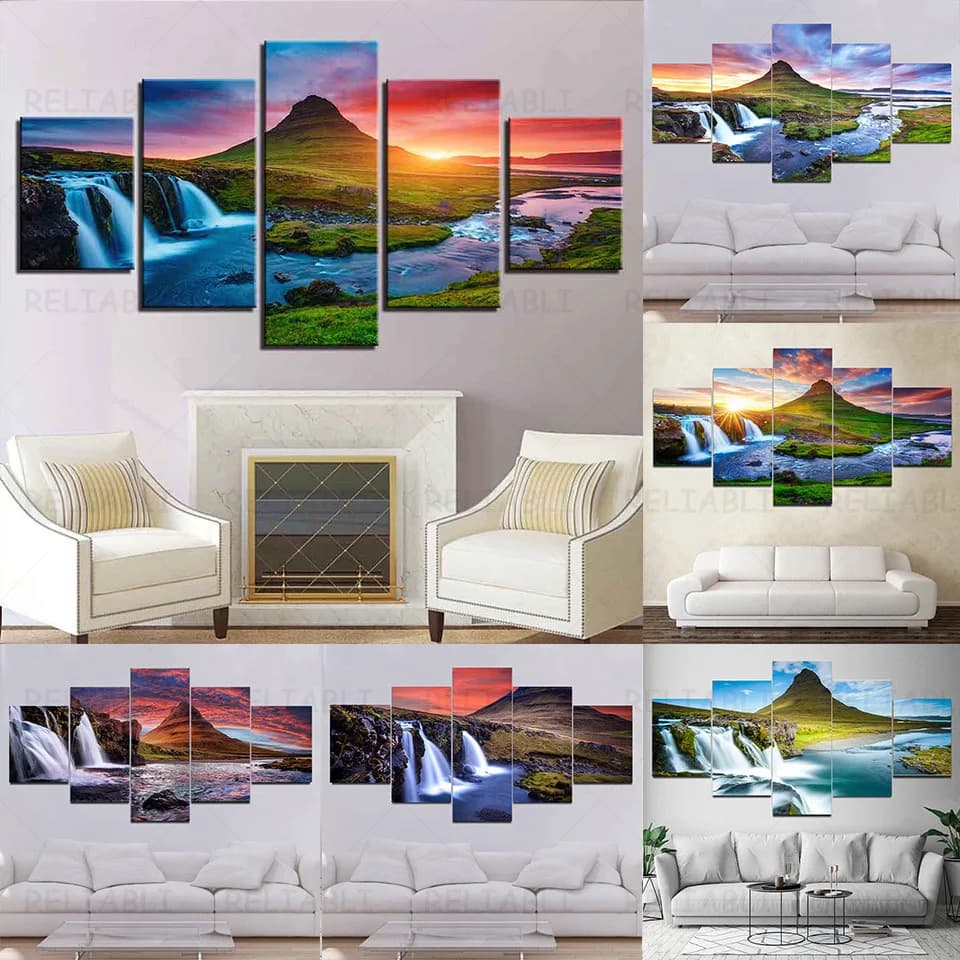 5 Panels Landscape Iceland Kirkjufell Mountain Waterfall Canvas Painting Posters and Prints Wall Picture Home Decor No Frame
