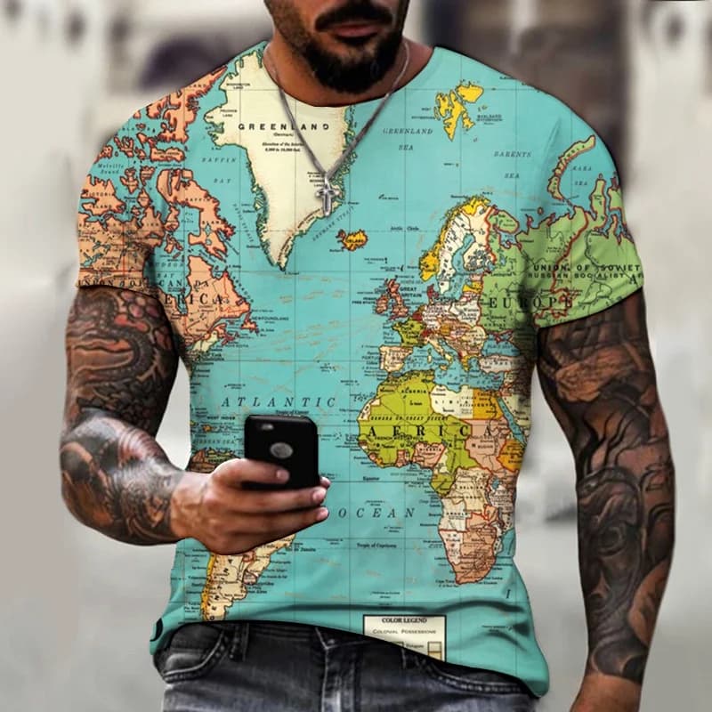 Men's Short Sleeve T-Shirt Crew Neck Print 3D Graphics World Map Harajuku Fashion Summer Top for Men