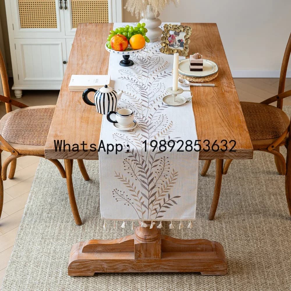 a-16 new plant & floral embroidered long fabric tassel coffee table mat