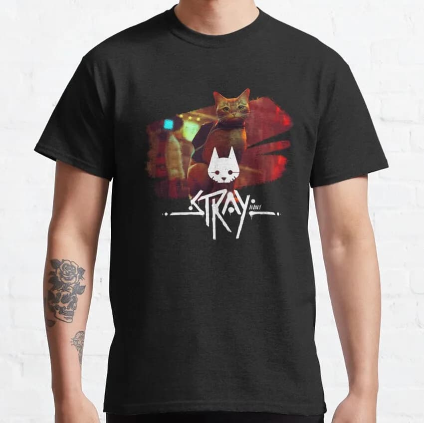 Stray Video Game Cat Graphic T‑Shirt 40503 Cotton Short Sleeve Tees Cyberpunk Stray Cat Print Casual Streetwear Gamer Fan Tops