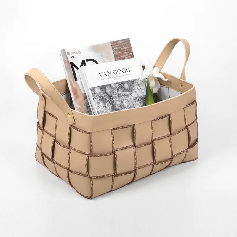 Modern light luxury leather woven storage basket, high-grade dirty laundry basket, living room home storage baske