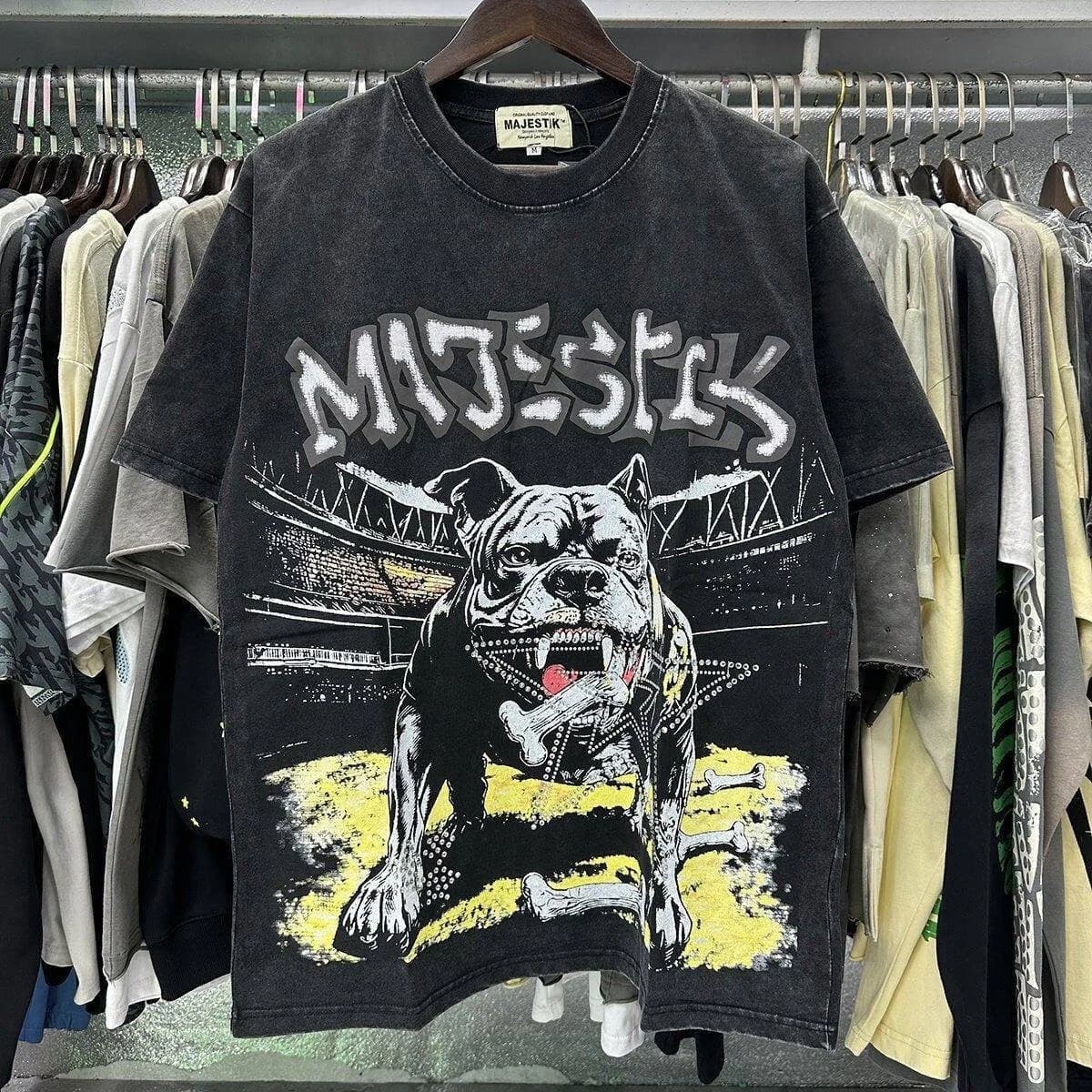 MAJESTIK Trendy Dog Print Washed Vintage Stained Diamond Design Loose Short-Sleeved T-shirt