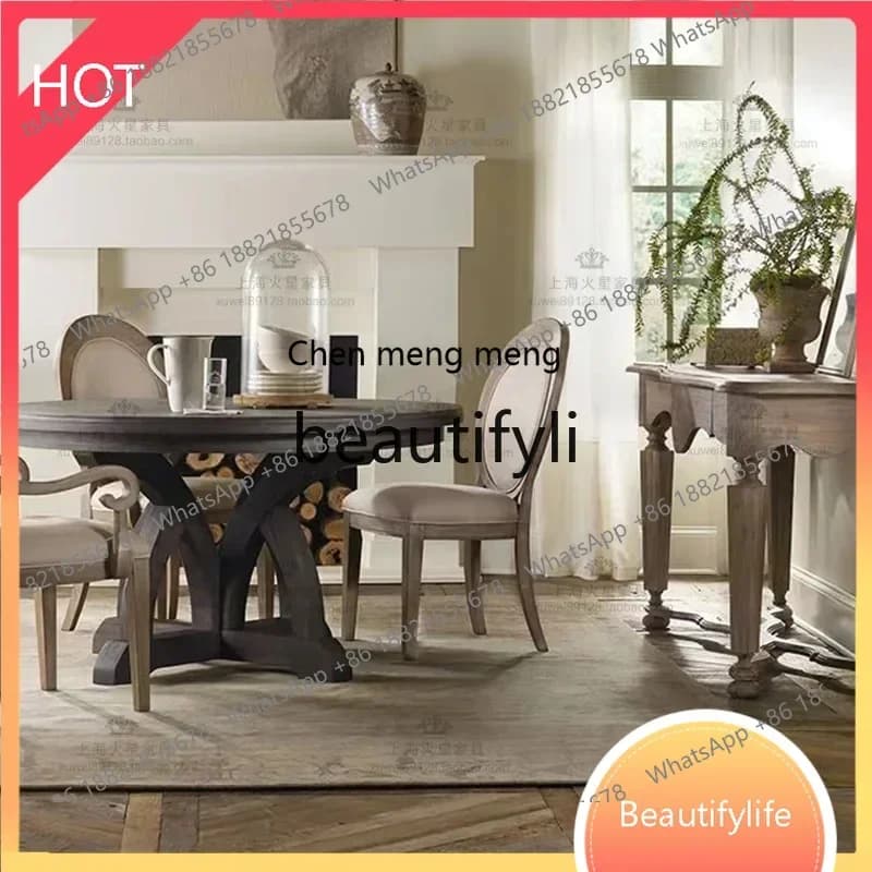 cqy American rural solid wood round dining table European retro dining table French simple round dining table