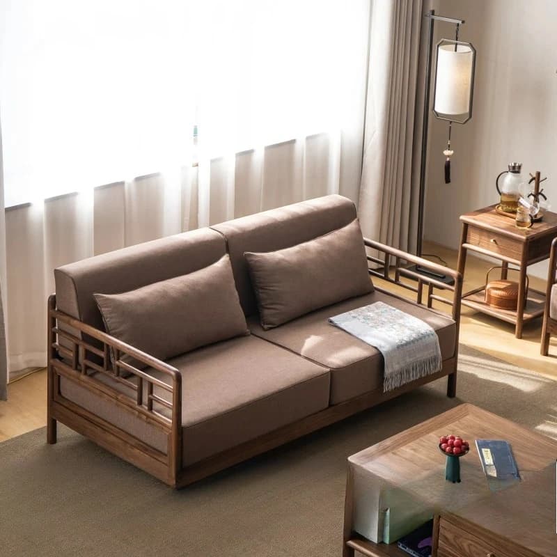 lt double simple light luxury living room solid wood sofa combination fabric black walnut new Chinese style