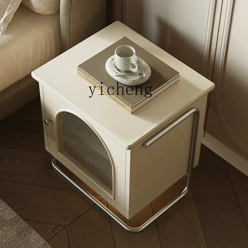 cz-11  French White Smart Bedside Cabinet with Light Storage Multifunctional Bedroom