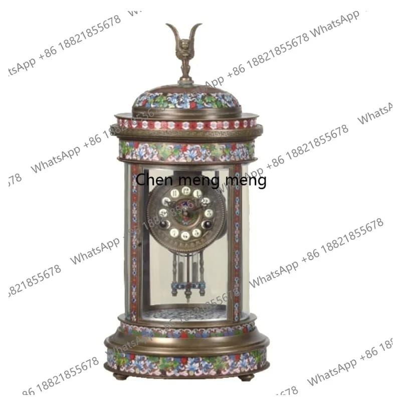 Pavilion Antique French 15-Day Brass Floral Color Decoration Thai Blue Enamel Table/Desk Clock Key Winding