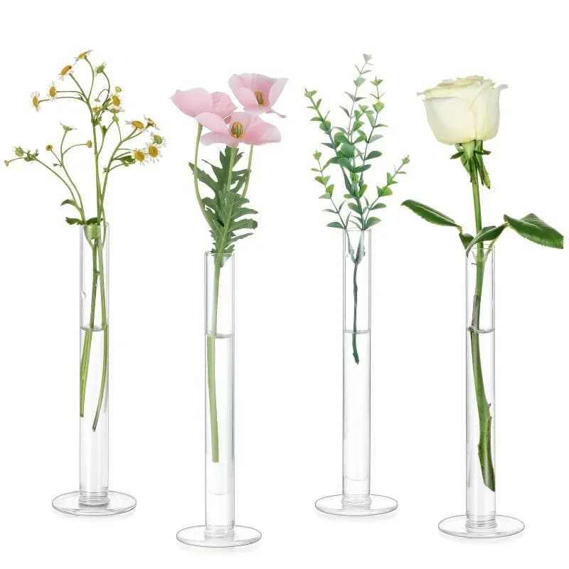 4 Pcs Slim Straight Glass Vases Modern Clear Tall Cylindrical Vases for Fresh & Artificial Flowers Arrangement Nordic Home Decor