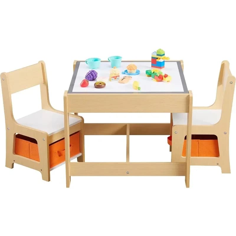 Children's Removable Sensory Table and Chair Set, 3-in-1 Wooden Toddler Drawing Table with Storage Drawer