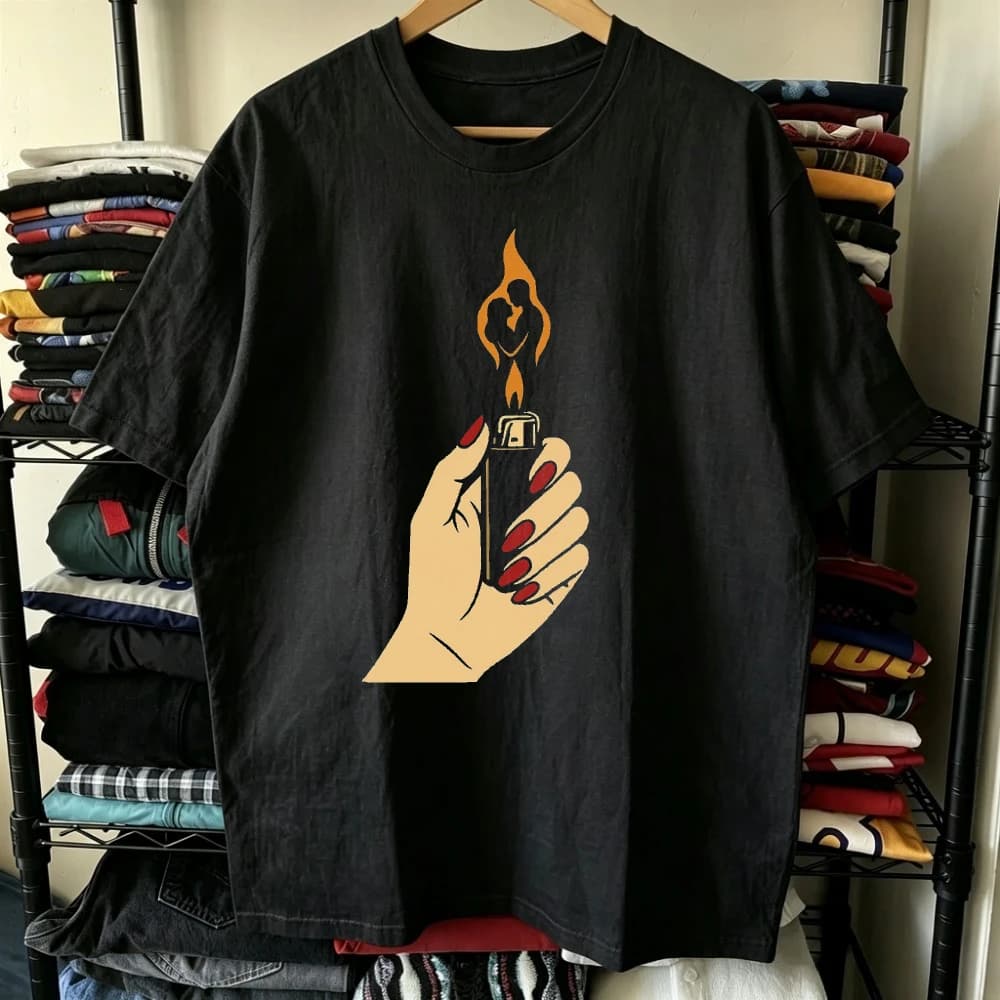 Fire Lighter Couple Silhouette Graphic T-shirt Men Minimalist Art Print Short Sleeve Casual Top Aesthetic Style