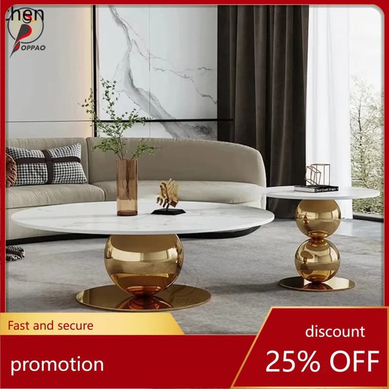 YFY Light Luxury  Steel Coffee Table High Low  Marble Rock Plate Side  Corner  Metal Round Coffee  Tea