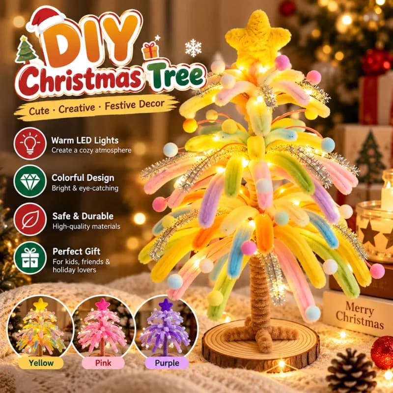 Christmas Tree DIY 25cm Pipe Cleaner Craft Kit, Star Shaped Mini Xmas Tree LED Light, Tabletop Holiday Ornament, Handmade Gift