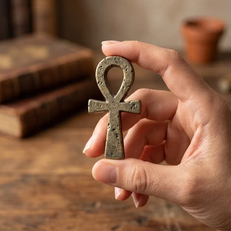 Natural Chalcopyrite Ankh Cross Carving Golden Copper Ore Crystal Egyptian Symbol Crafts Unique Home Decor Gift
