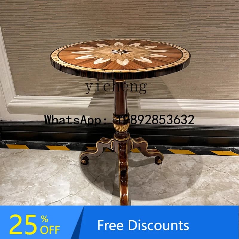 Light Luxury Small Round Table Peach Core Solid Wood Inlaid Furniture Side Table Living Room English Style Round Table