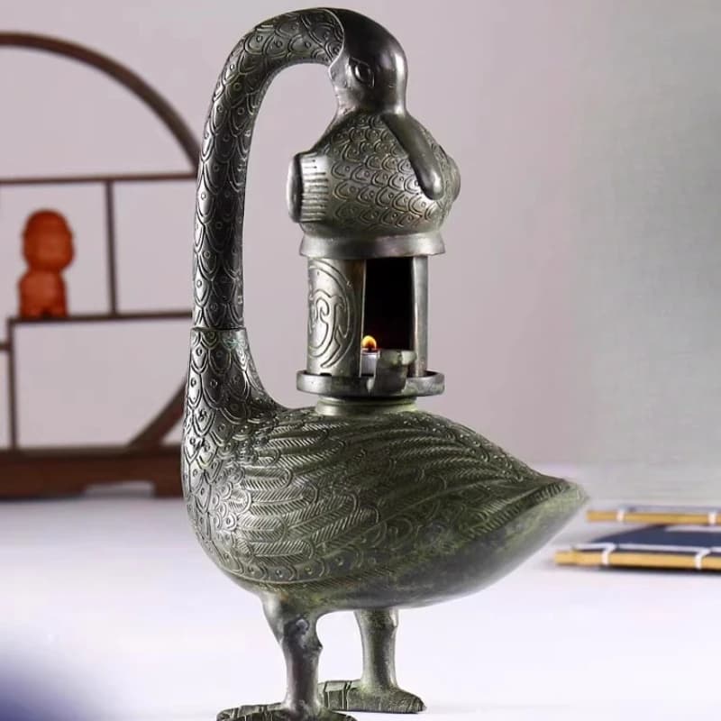 Antique bronze goose fish lamp ornaments, film and television props, home decoration, research gifts, Han Dynasty retro floor