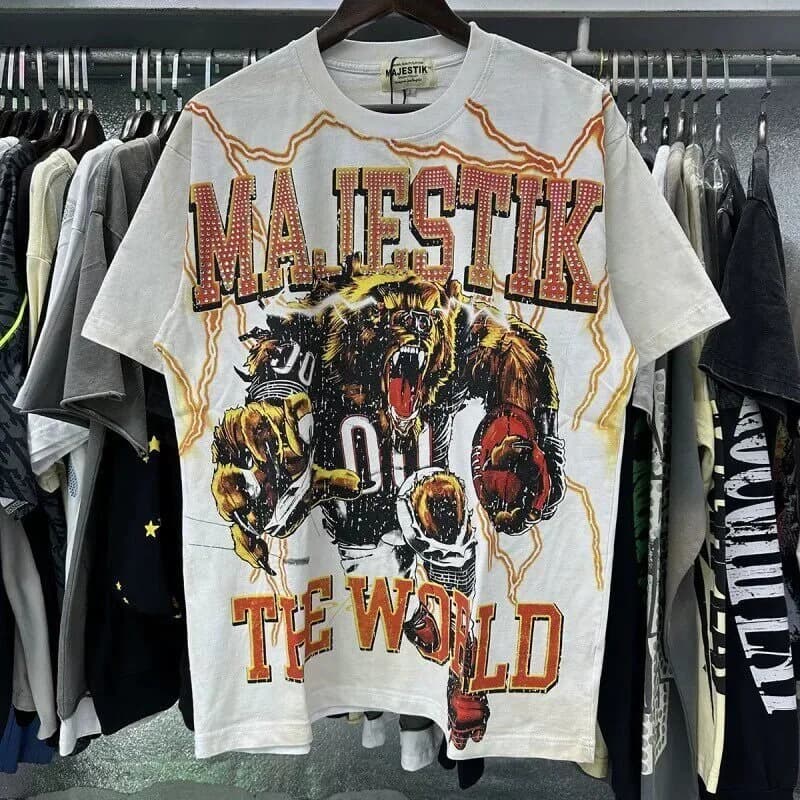 MAJESTIK street tiger print washed and distressed sequined lettering trend casual men's and women's short-sleeved T-shirt