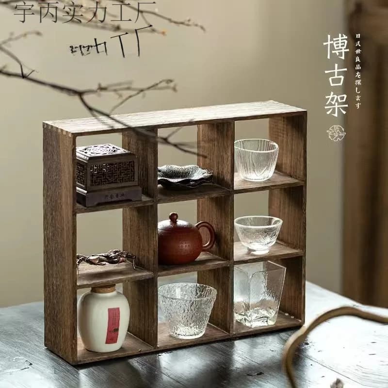 YFY solid wood teacup rack, teapot rack, Duobao grid tea set, handmade Jiugongge storage rack, Liugongge grid