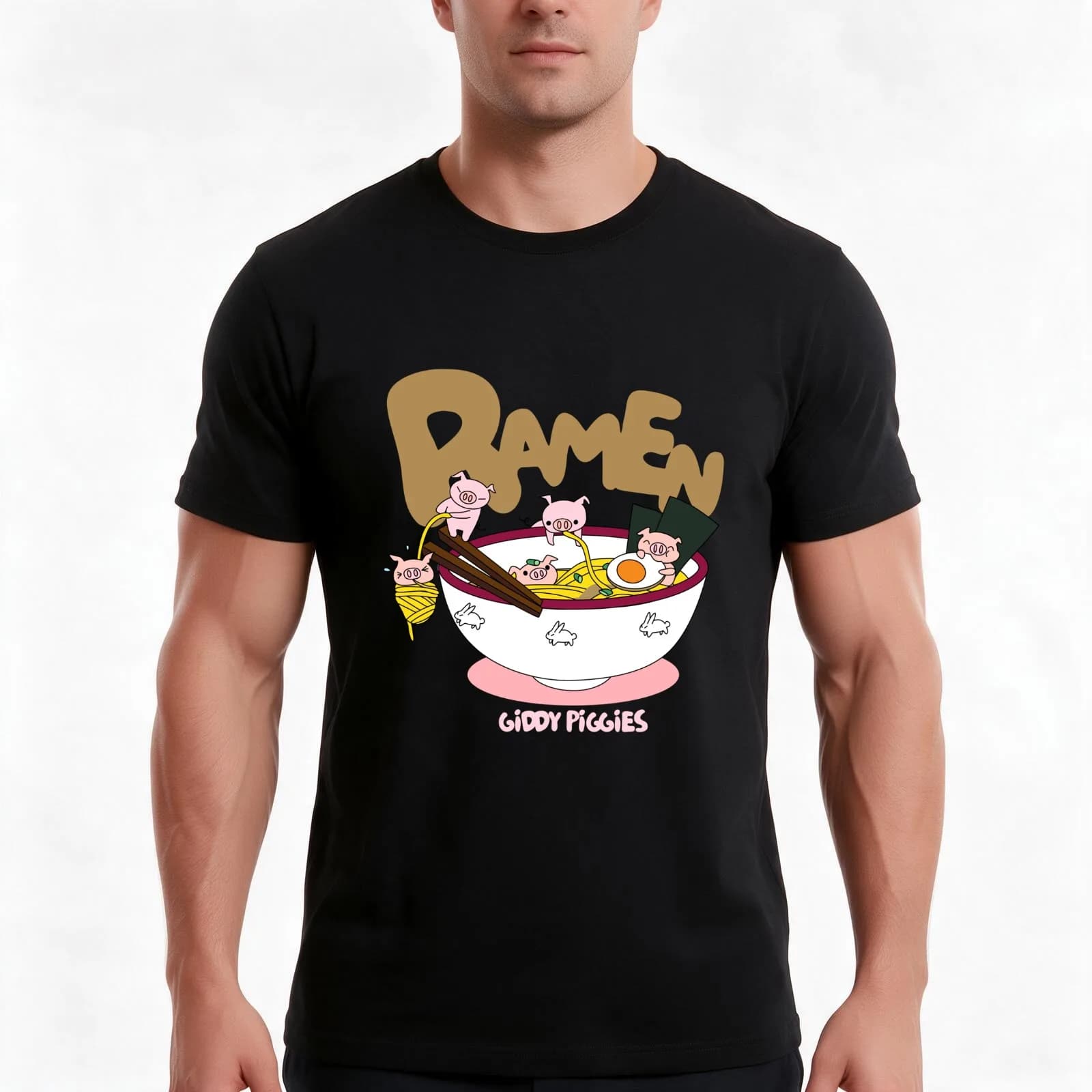 Giddy Piggies Ramen Time T-Shirt, Summer Casual Cotton Tee, Oversized Streetwear Tops, Vintage Graphic Print, Unisex Men Women