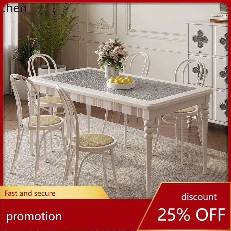 HXL Full Solid Wood Cream White Dining Table Glass Tabletop Rectangular Table and Chairs