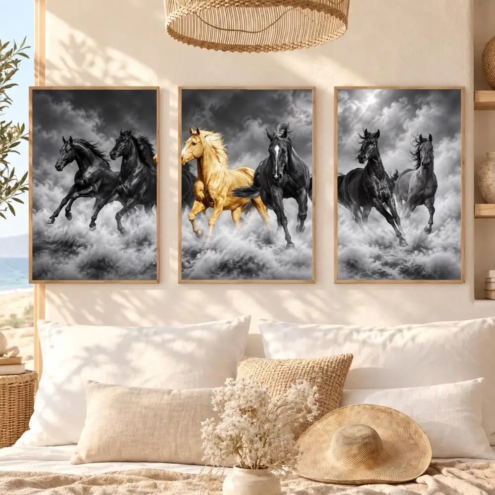 Wild Horse Gallop Painting Calligraphy 3 PCS Canvas Wall Art Prints for Living Room Modern Vintage Fashion Poster Decals Decor