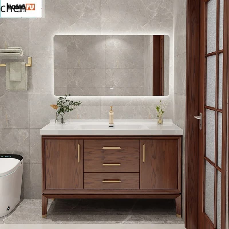 YFY   Chinese Style Red Oak Integrated Ceramic Basin Floor-standing Bathroom Cabinet Smart Mirror Cabinet Combination Washbasin