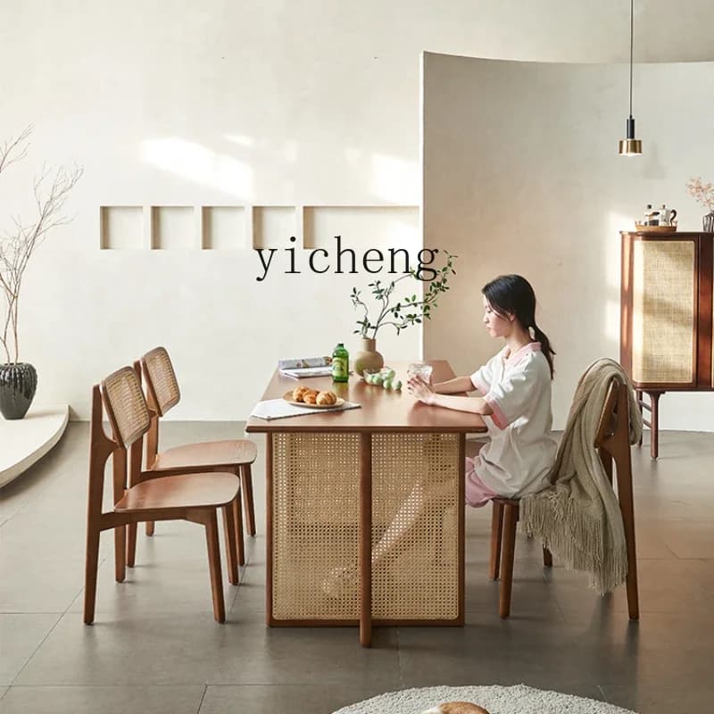 ZML solid wood rattan household dining table and chair combination ash wood small apartment dining table