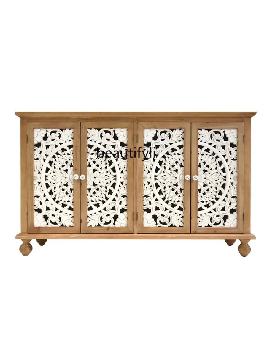 X Retro dining side solid wood storage porch cabinet living room foyer log art carving hollow shoe cabinet