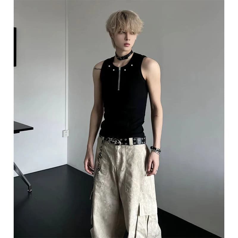 Men's Half-Zip Sleeveless Tank Top American Streetwear Rivet Design Y2K Punk Style Gym Casual Vest Summer Hip Hop Slim Fit Tee