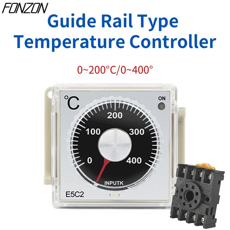 E5C2 Guide Rail Type Temperature Controller Pointer knob Digital display 220V 0-200℃ 0-400℃ Relay Output K Input With Socket