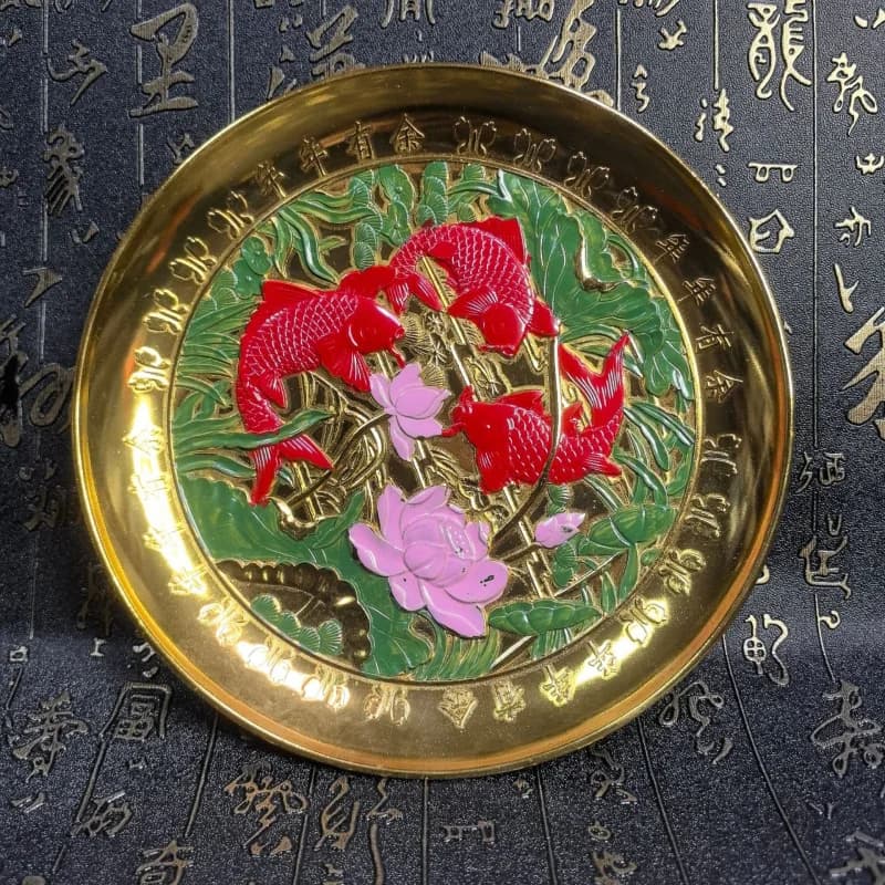 Antique-Style Copper Painted Lotus Fish Plate Double Dragon Playing with Pearls Relief Collectible Decorative Craft Ornament