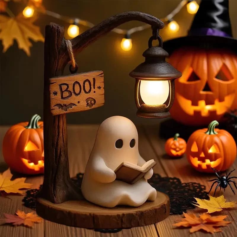 Halloween Ghost Reading Book Figurine Night Light Resin Ghost Statue with Hanging Lamp Desktop Ornament for Home Party